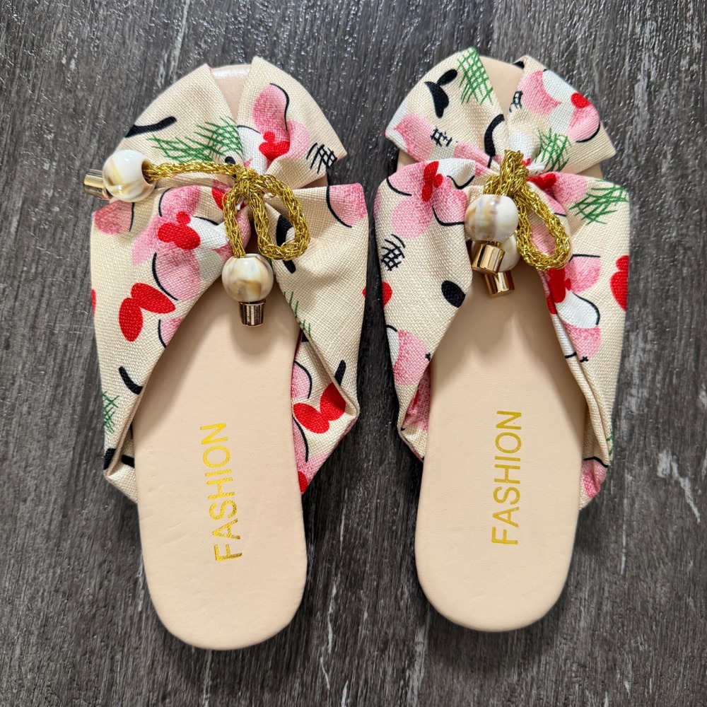 Fashion Women Floral Bow Slide Sandals Open Toe Flat Shoes 36 EU / 5.5 US